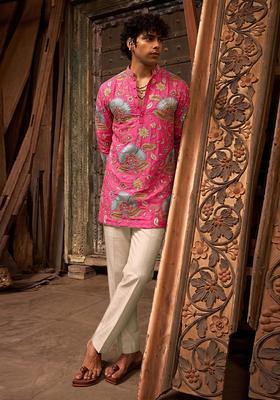 Rani Pink Printed Organza Kurta Set For Men