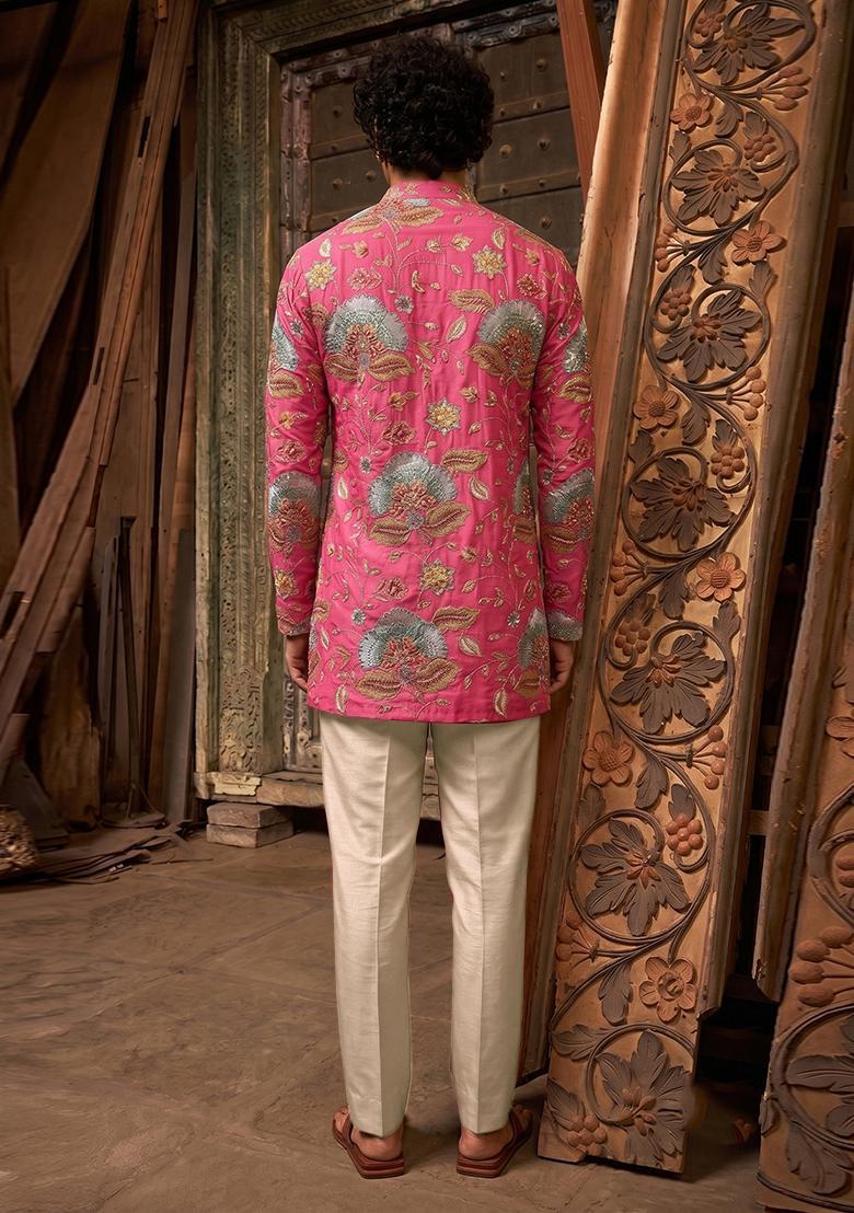 Rani Pink Printed Organza Kurta Set For Men - Indya
