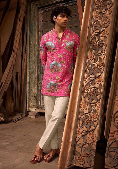 Rani Pink Printed Organza Kurta Set For Men