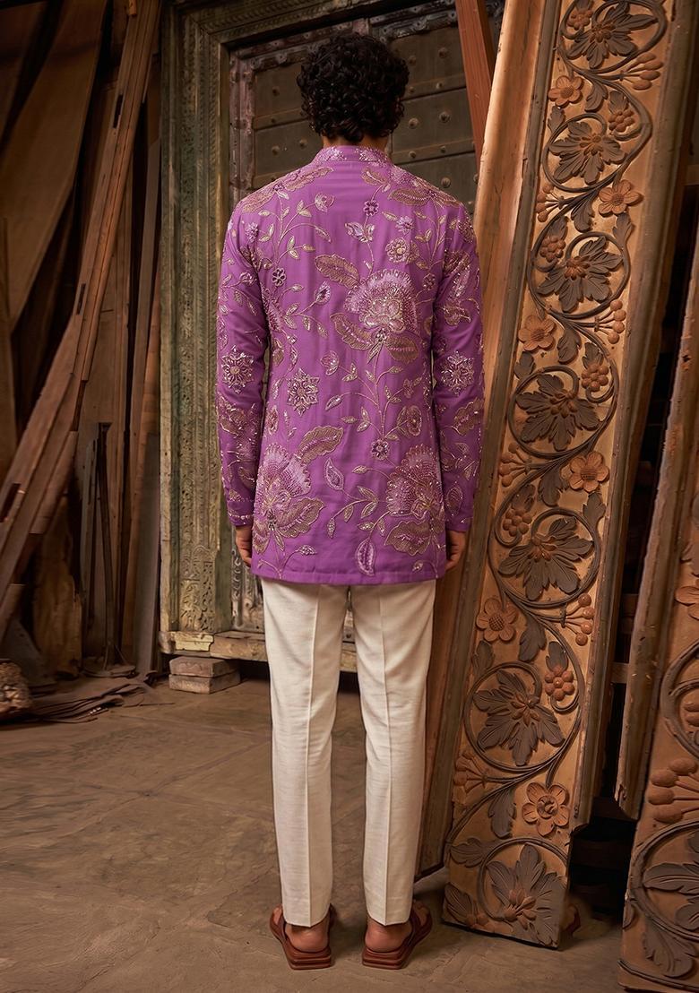 Purple Printed Organza Kurta Set For Men - Indya