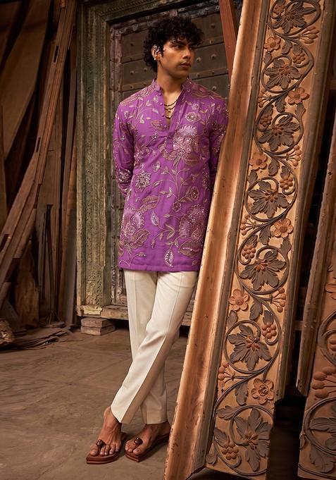 Purple Printed Organza Kurta Set For Men