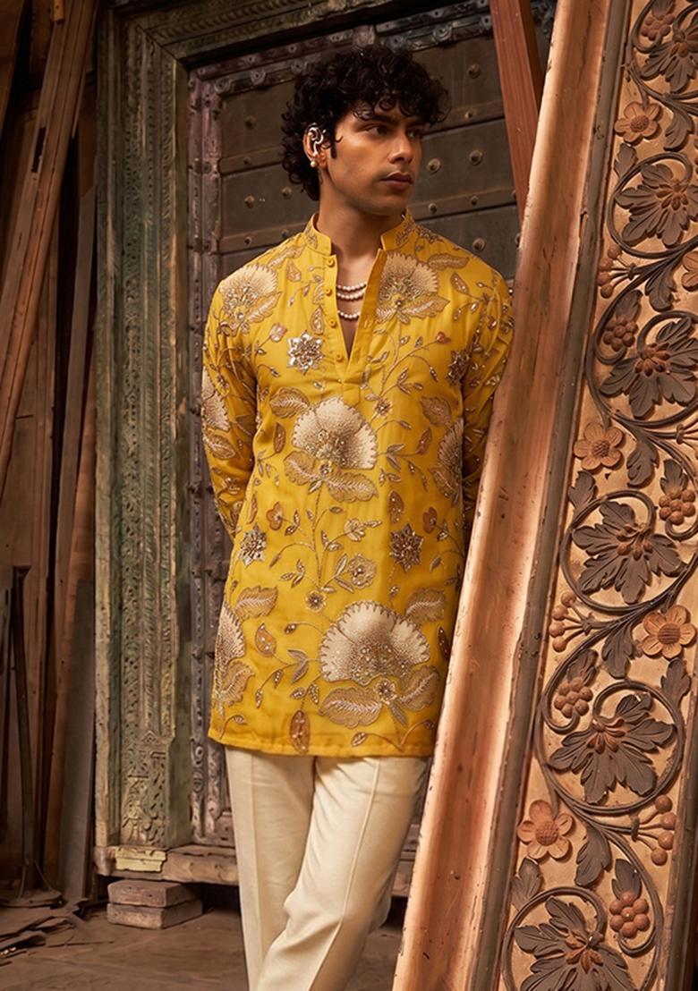 Mustard Printed Organza Kurta Set For Men - Indya