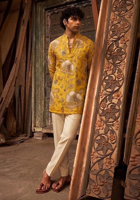 Mustard Printed Organza Kurta Set For Men