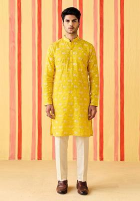 Mustard Embroidered Chanderi Kurta Set For Men