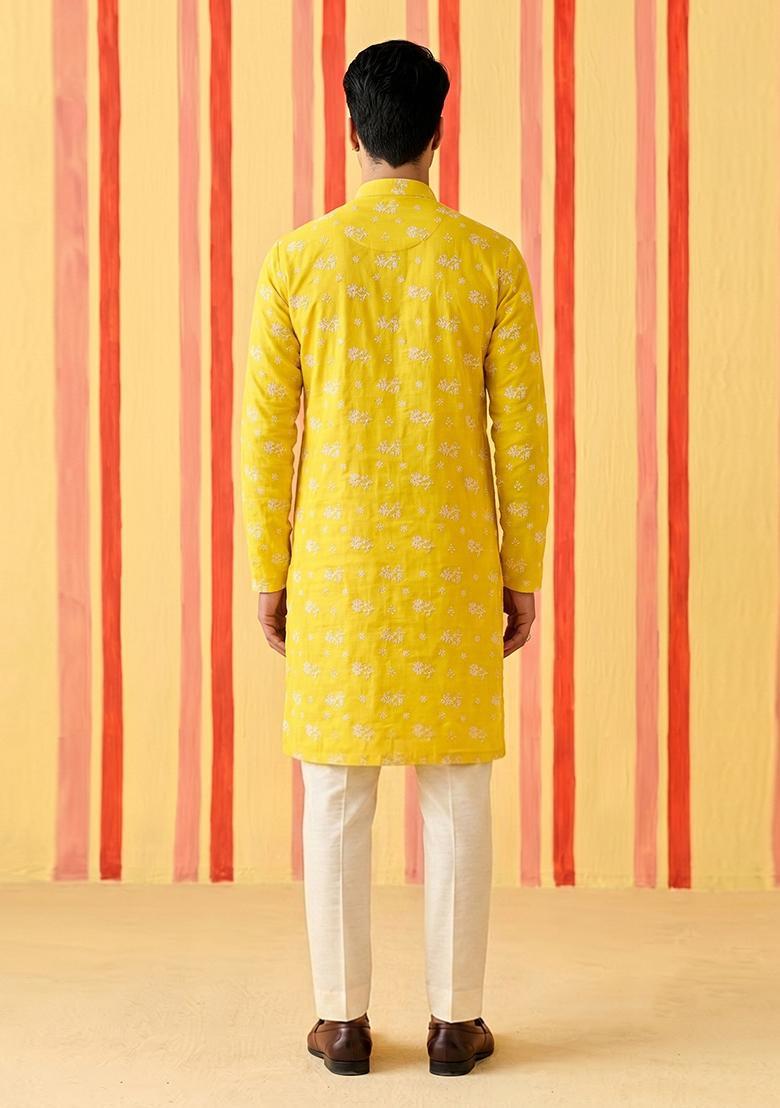 Mustard Embroidered Chanderi Kurta Set For Men - Indya