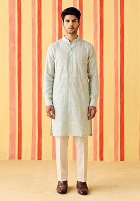 Mint Green Embroidered Chanderi Kurta Set For Men