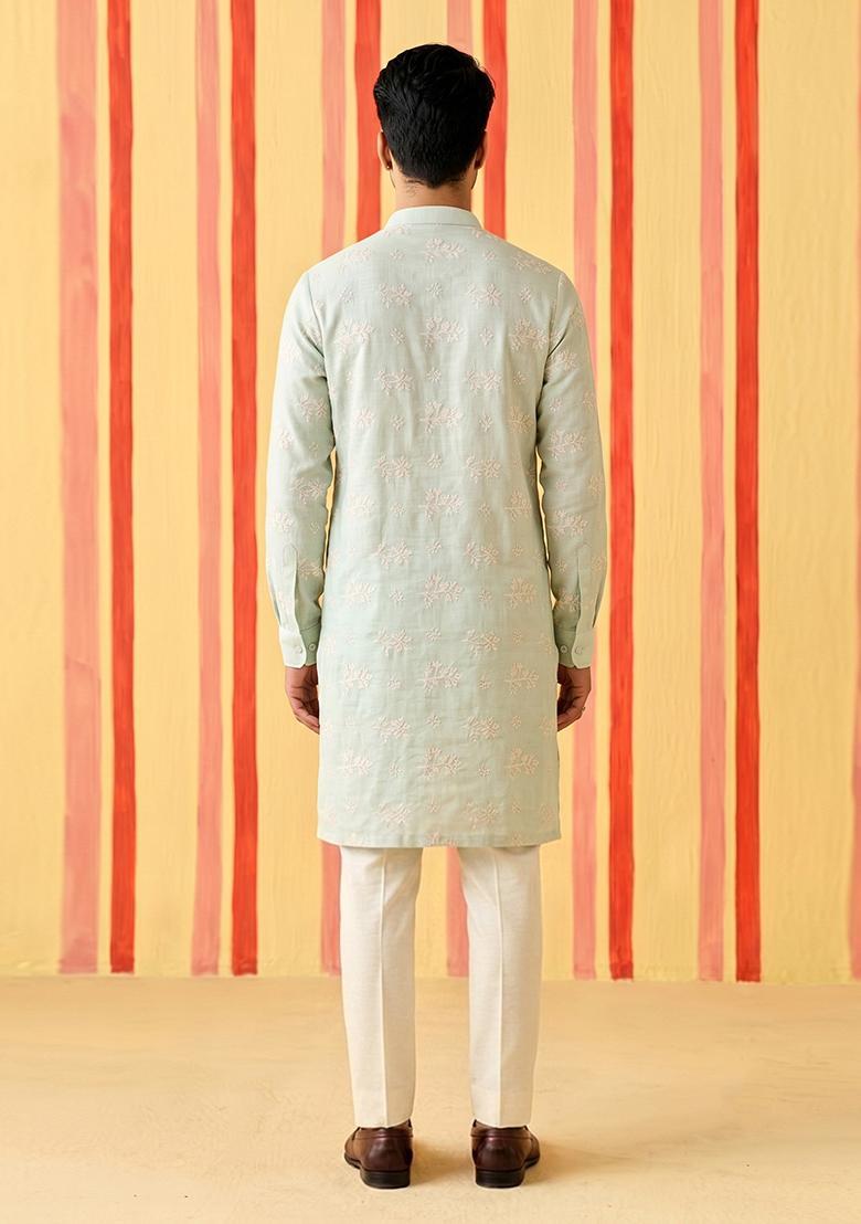 Mint Green Embroidered Chanderi Kurta Set For Men - Indya