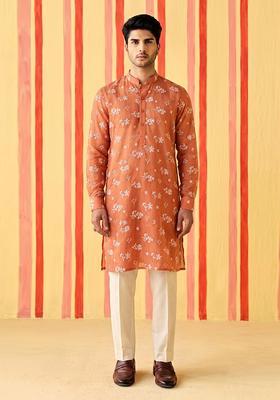 Rust Embroidered Chanderi Kurta Set For Men