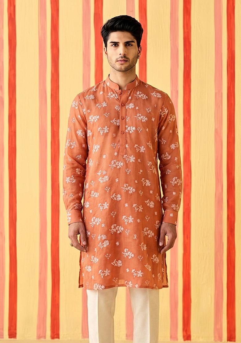 Rust Embroidered Chanderi Kurta Set For Men - Indya