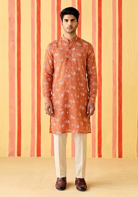 Rust Embroidered Chanderi Kurta Set For Men