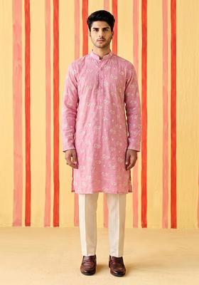 Pink Embroidered Chanderi Kurta Set For Men