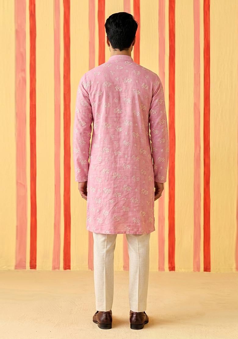 Pink Embroidered Chanderi Kurta Set For Men - Indya