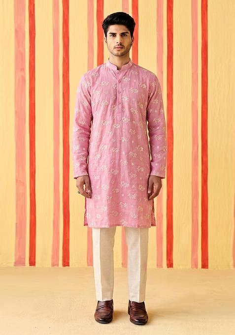 Pink Embroidered Chanderi Kurta Set For Men
