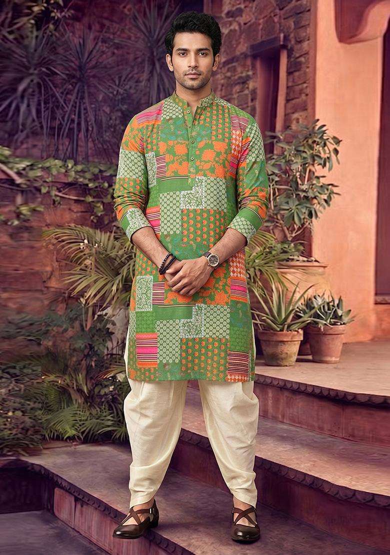 Green Printed Linen Kurta Set For Men - Indya