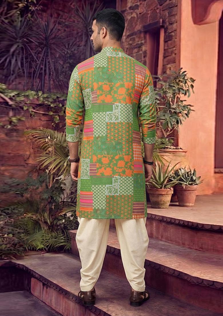 Green Printed Linen Kurta Set For Men - Indya