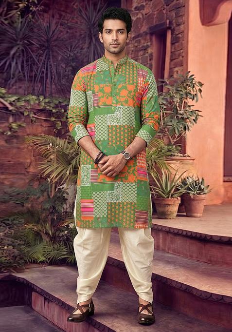 Green Printed Linen Kurta Set For Men