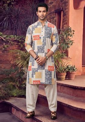 White Printed Linen Kurta Set For Men