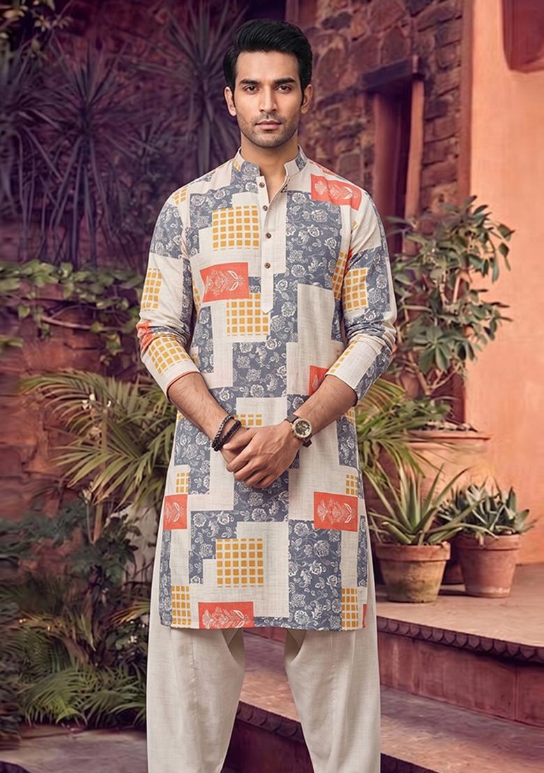 White Printed Linen Kurta Set For Men - Indya