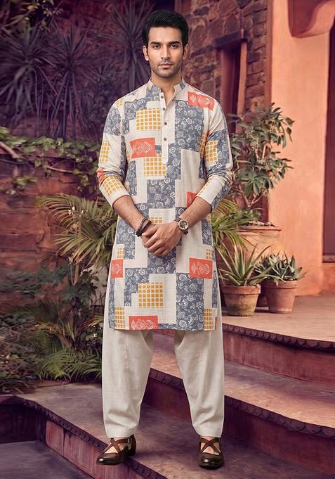 White Printed Linen Kurta Set For Men