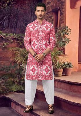 Red Printed Linen Kurta Set For Men