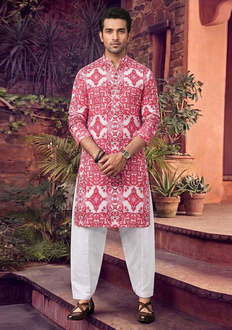 Red Printed Linen Kurta Set For Men - Indya