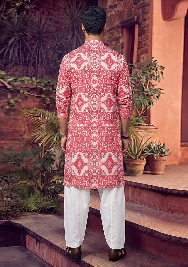 Red Printed Linen Kurta Set For Men - Indya