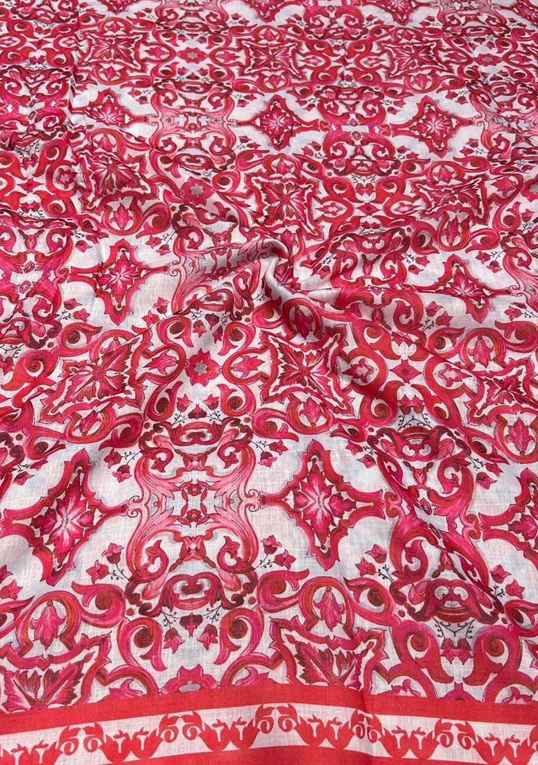 Red Printed Linen Kurta Set For Men - Indya
