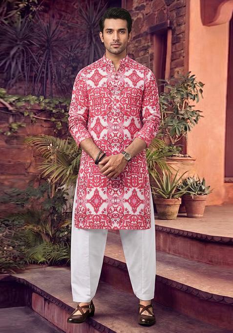 Red Printed Linen Kurta Set For Men