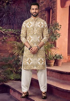 Beige Printed Linen Kurta Set For Men
