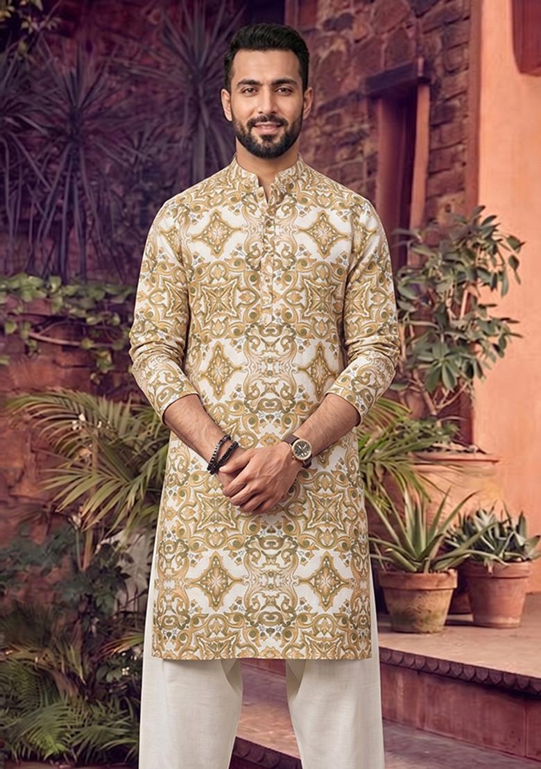 Beige Printed Linen Kurta Set For Men - Indya