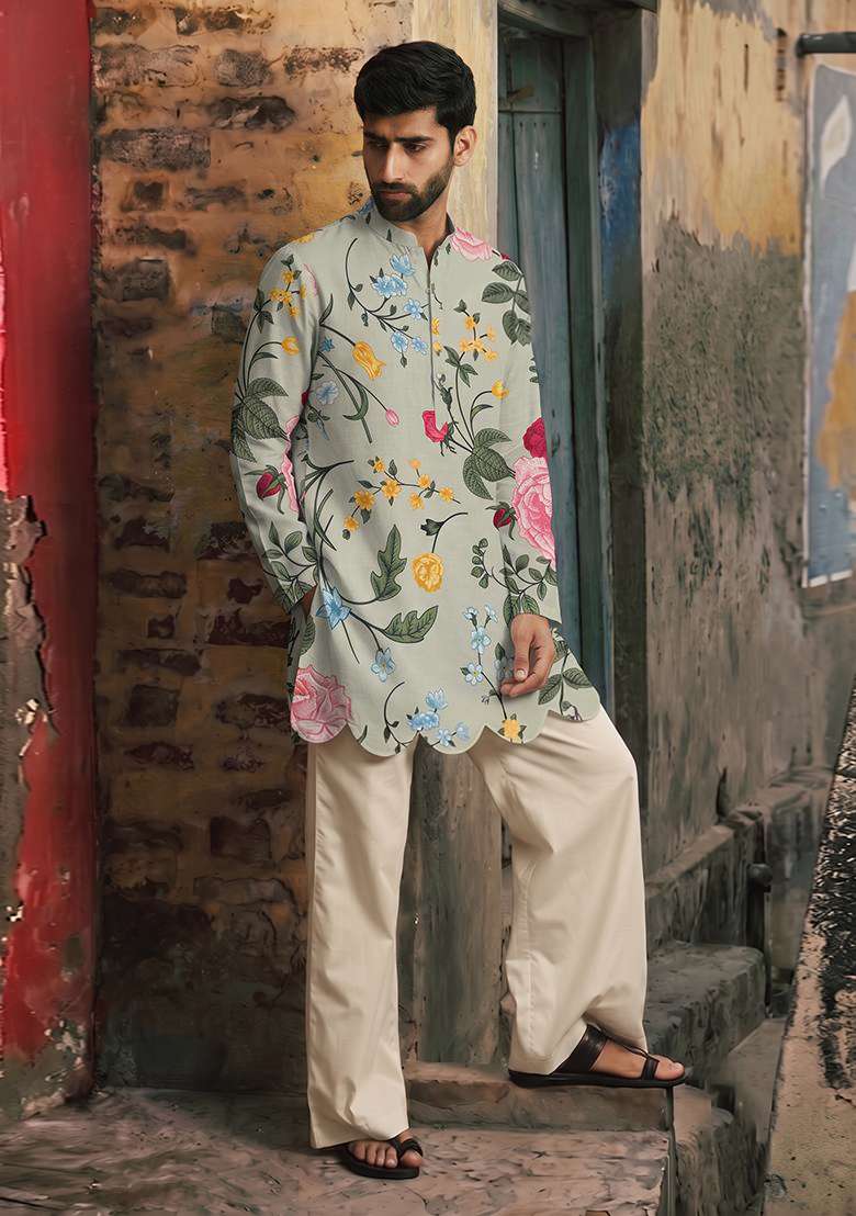 Sage Green Printed Linen Kurta Set For Men - Indya