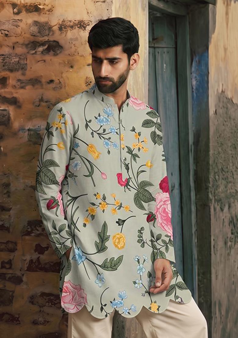 Sage Green Printed Linen Kurta Set For Men - Indya