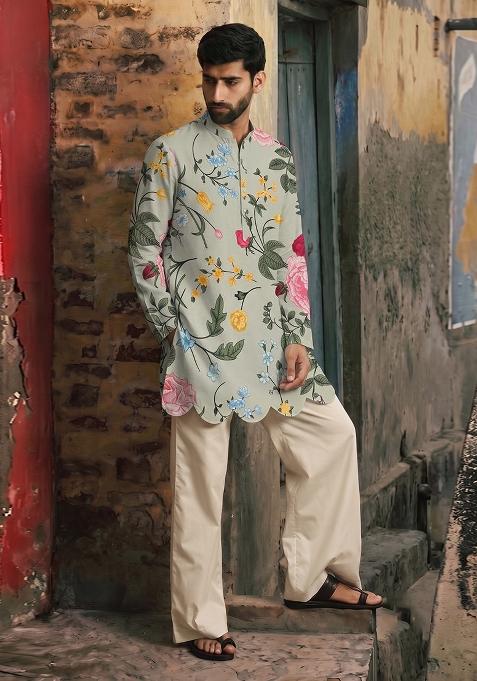Sage Green Printed Linen Kurta Set For Men