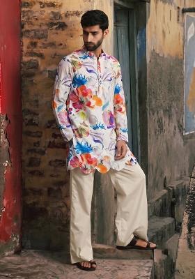 White Printed Linen Kurta Set For Men