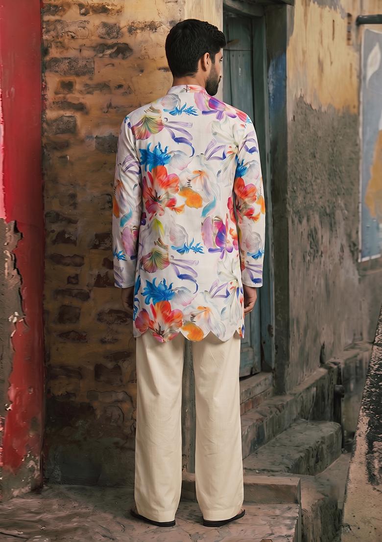 White Printed Linen Kurta Set For Men - Indya