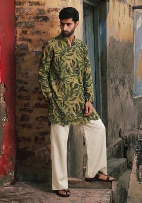 Olive Green Printed Linen Kurta Set For Men