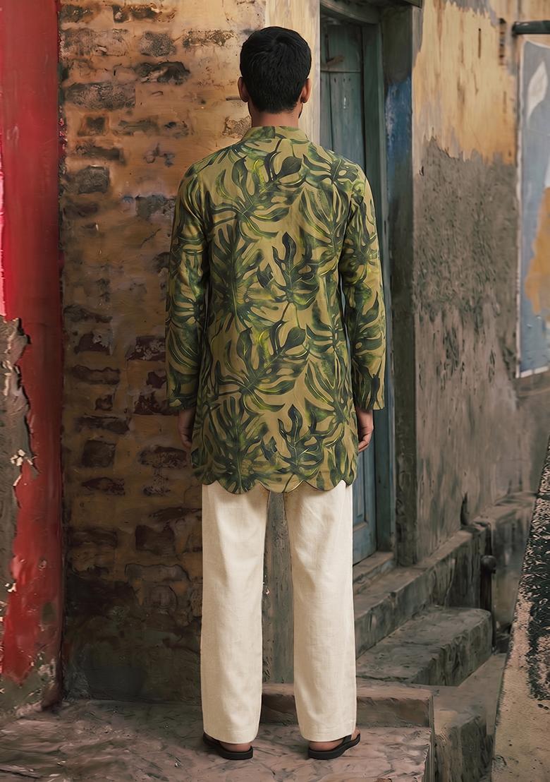 Olive Green Printed Linen Kurta Set For Men - Indya