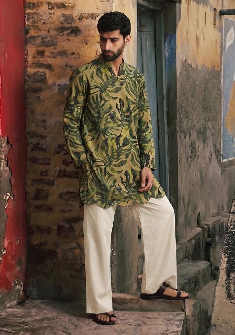 Olive Green Printed Linen Kurta Set For Men