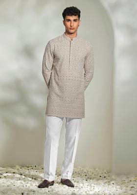 Grey Embroidered Cotton Kurta Set For Men