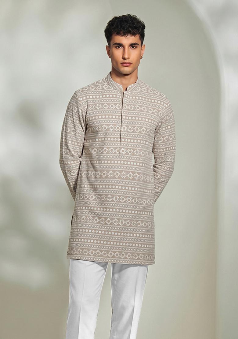 Grey Embroidered Cotton Kurta Set For Men - Indya