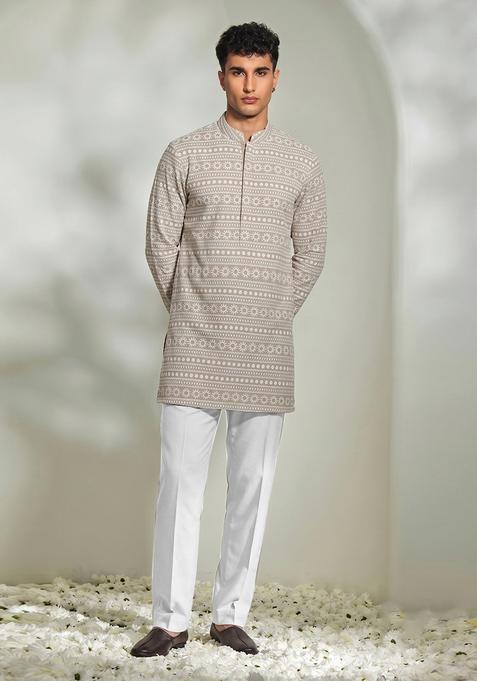 Grey Embroidered Cotton Kurta Set For Men