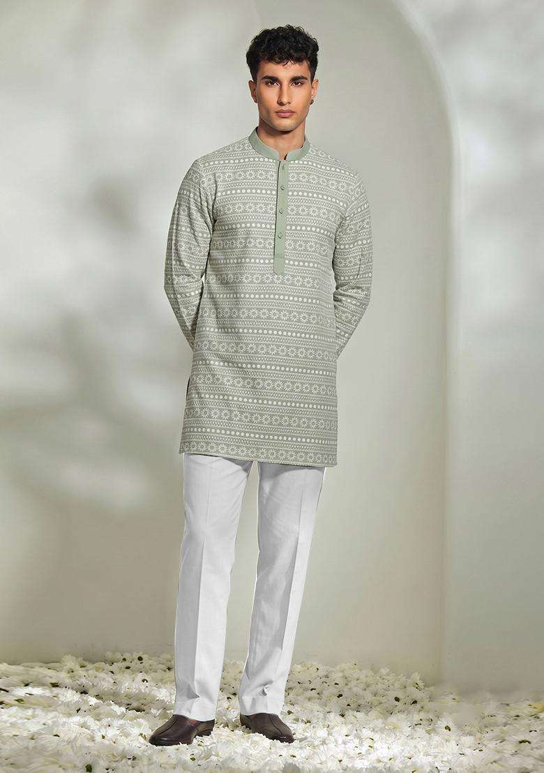Dusty Green Embroidered Cotton Kurta Set For Men - Indya