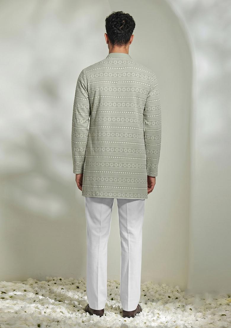 Dusty Green Embroidered Cotton Kurta Set For Men - Indya