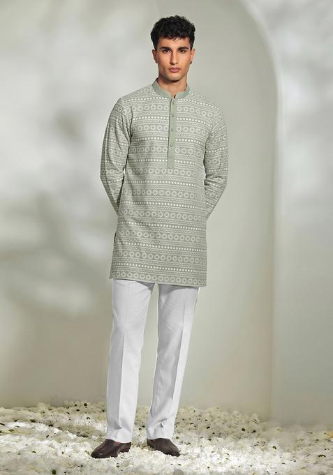 Dusty Green Embroidered Cotton Kurta Set For Men