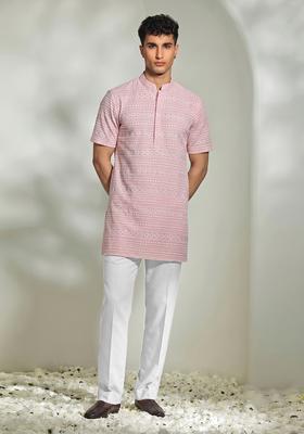 Light Pink Embroidered Cotton Kurta Set For Men