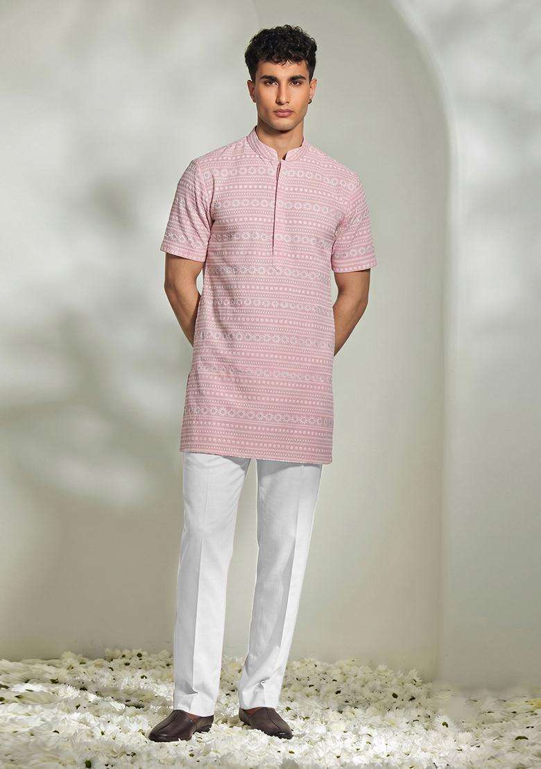 Light Pink Embroidered Cotton Kurta Set For Men - Indya
