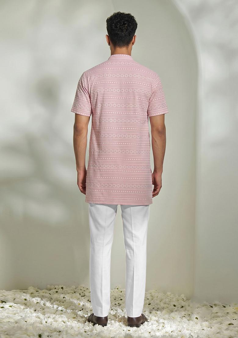 Light Pink Embroidered Cotton Kurta Set For Men - Indya