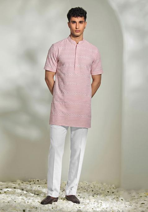 Light Pink Embroidered Cotton Kurta Set For Men