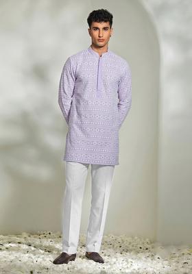Lilac Embroidered Cotton Kurta Set For Men