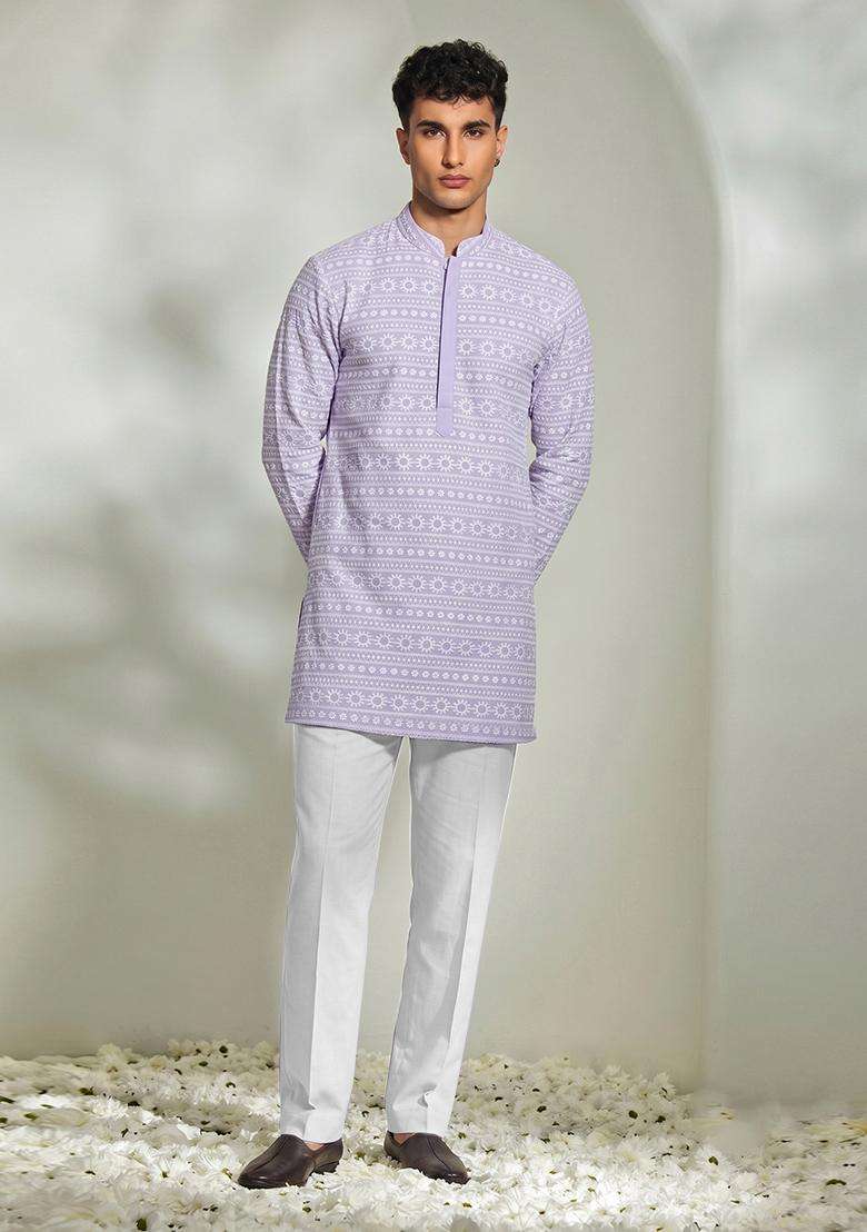 Lilac Embroidered Cotton Kurta Set For Men - Indya